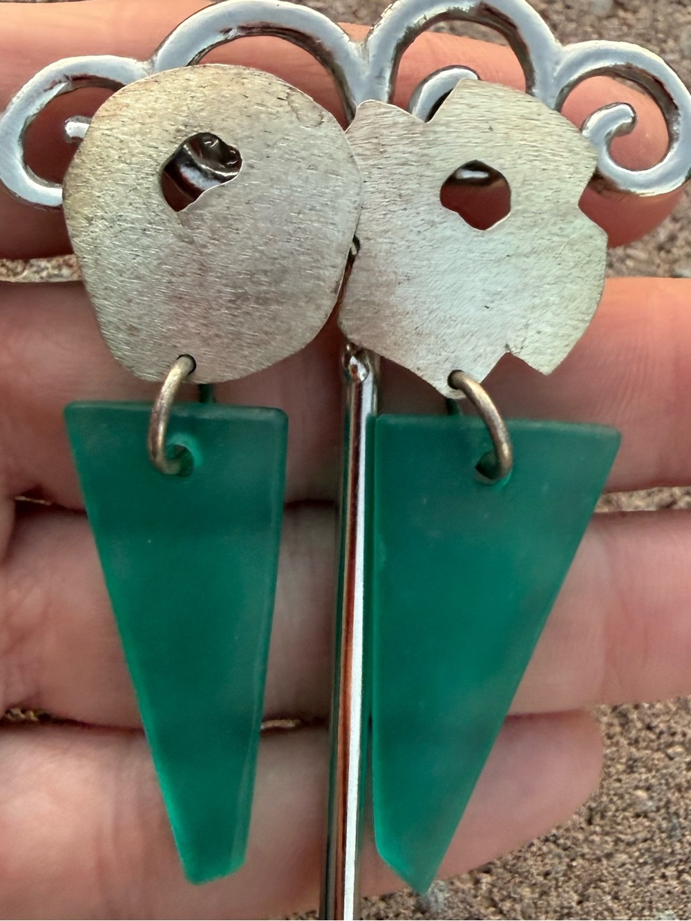 JCM Signed Sterling Silver Geometric Teal Sea Glass Post Earrings